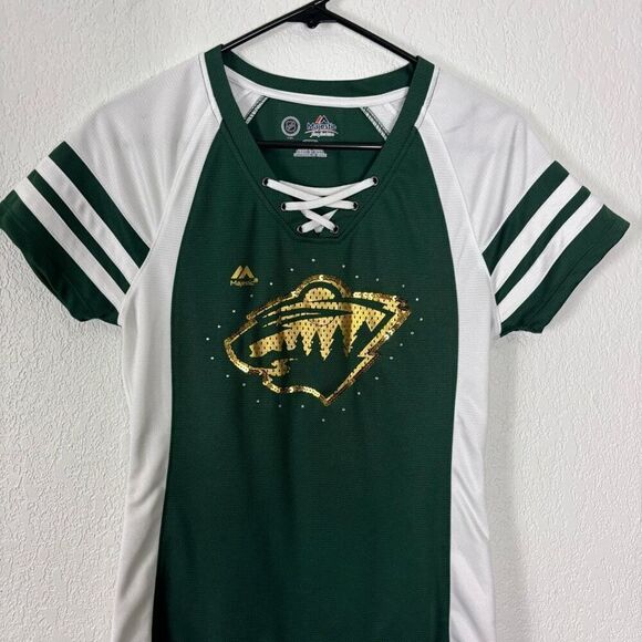 NHL Minnesota Wild Hockey Green with White Sides Lace Up Short Sleeve Top Size S - Picture 3 of 6